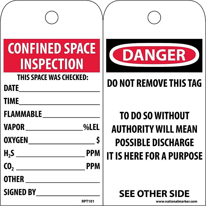 Accident Prevention Tags; Confined Space Inspection, 6X3, Unrip Vinyl, 25/Pk image 1