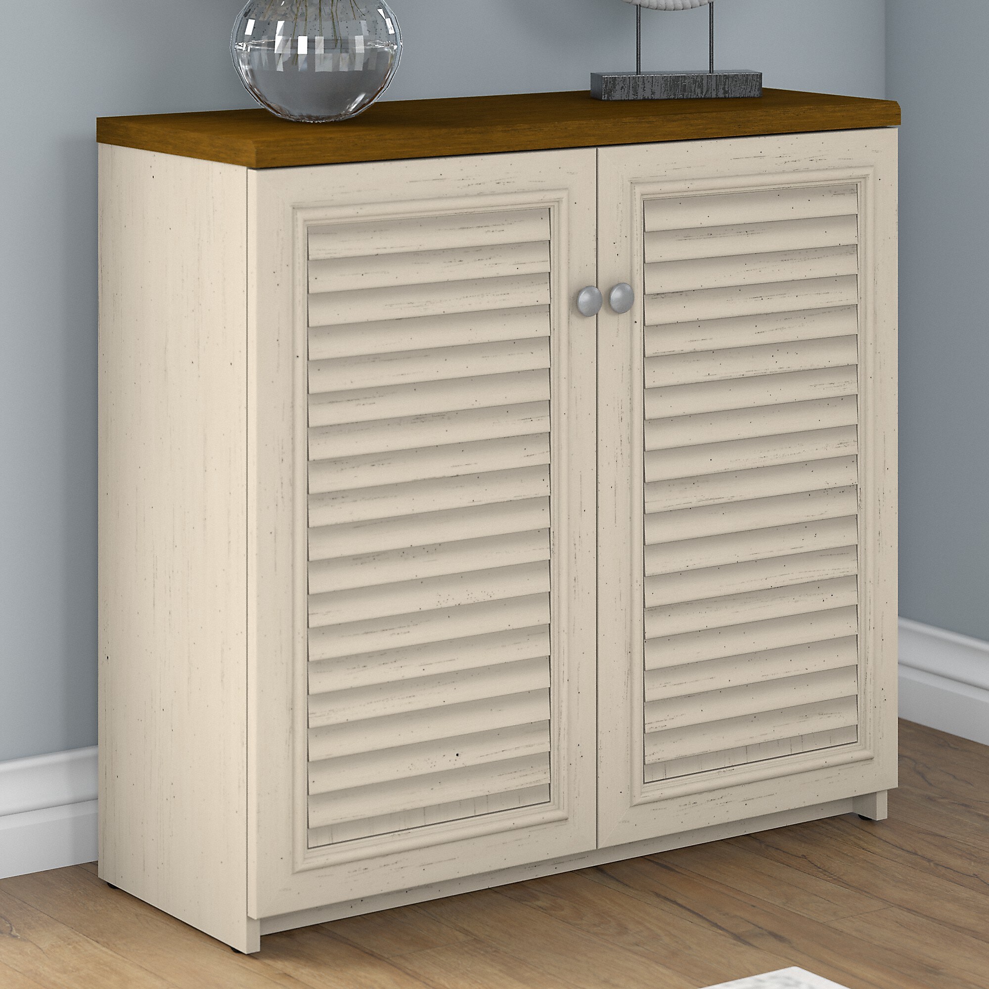Bush Furniture Fairview Small Storage Cabinet with Doors, Antique White/Tea Maple (WC53296-03) Sansujyuku sansujyuku.com