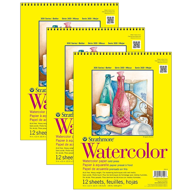 Strathmore 300 Series 9" x 12" Wire Bound Watercolor Sketch Pad, 12 Sheets/Pad, 3/Bundle (STTP36091-3) image 1