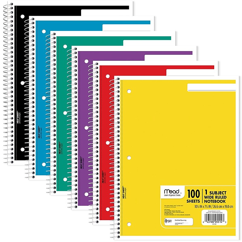 Mead Spiral 1-Subject Notebook, 8" x 10.5", Wide Ruled, 100 Sheets, Assorted Colors (MEA05514) image 1