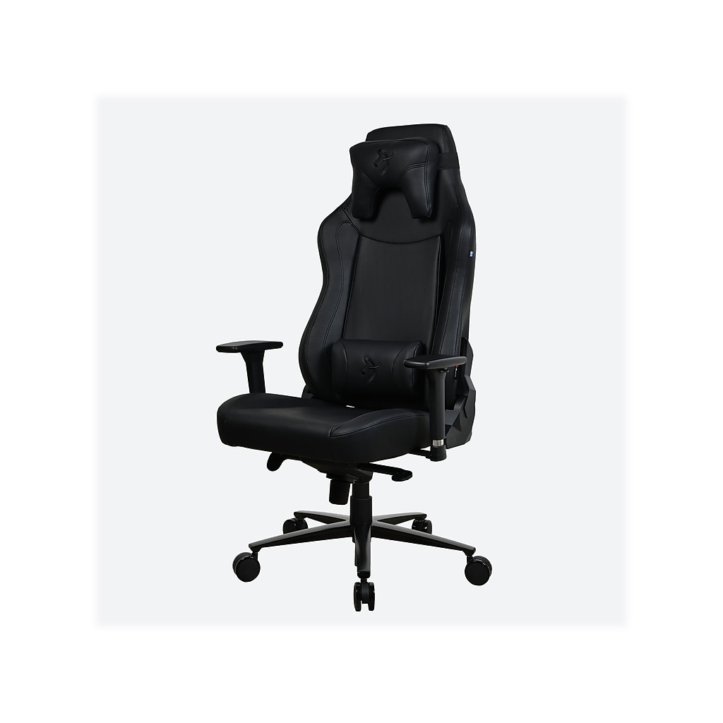 Black ergonomic gaming chair on five-star base with wheels