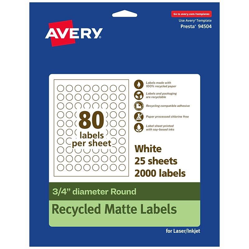 Avery EcoFriendly Laser/Inkjet Multipurpose Labels, 3/4" diameter, White, 2000/Pack (94504) image 1