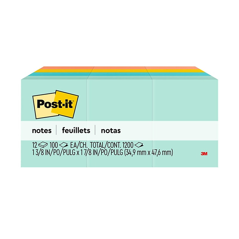 Post-it Notes, 1 3/8" x 1 7/8", Beachside Café Collection, 100 Sheet/Pad, 12 Pads/Pack (653AST) image 1