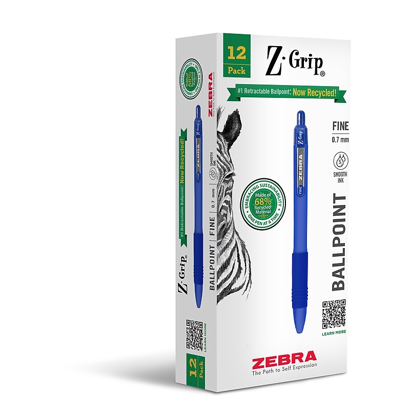 Zebra Z-Grip Retractable Ballpoint Pens, Fine Point, 0.7mm, Blue Ink, Dozen (20720) image 1