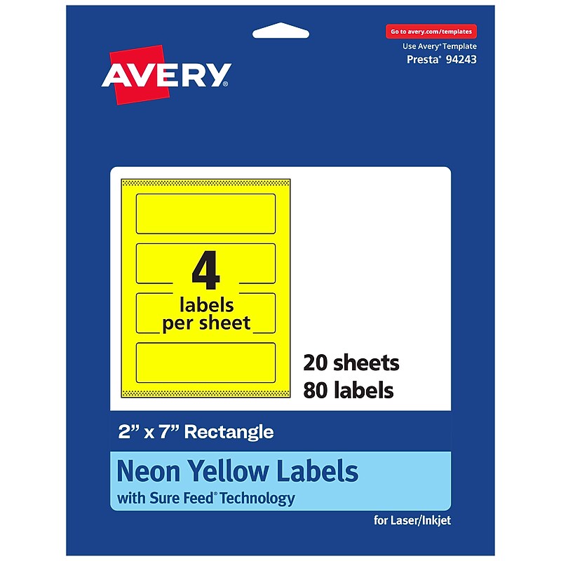Avery Laser/Inkjet Rectangle Multipurpose Labels, 2" x 7", Neon Yellow, 80/Pack (94243) image 1
