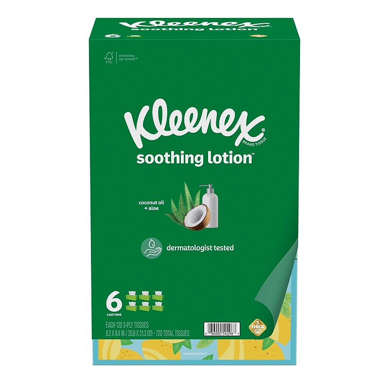 Kleenex Soothing Lotion Facial Tissue, 3-Ply, 120 Sheets/Box, 6 Boxes/Pack (54296) image 1