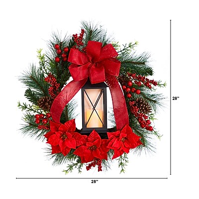Nearly Natural Poinsettia and Berry Holiday Lantern Christmas Wreath