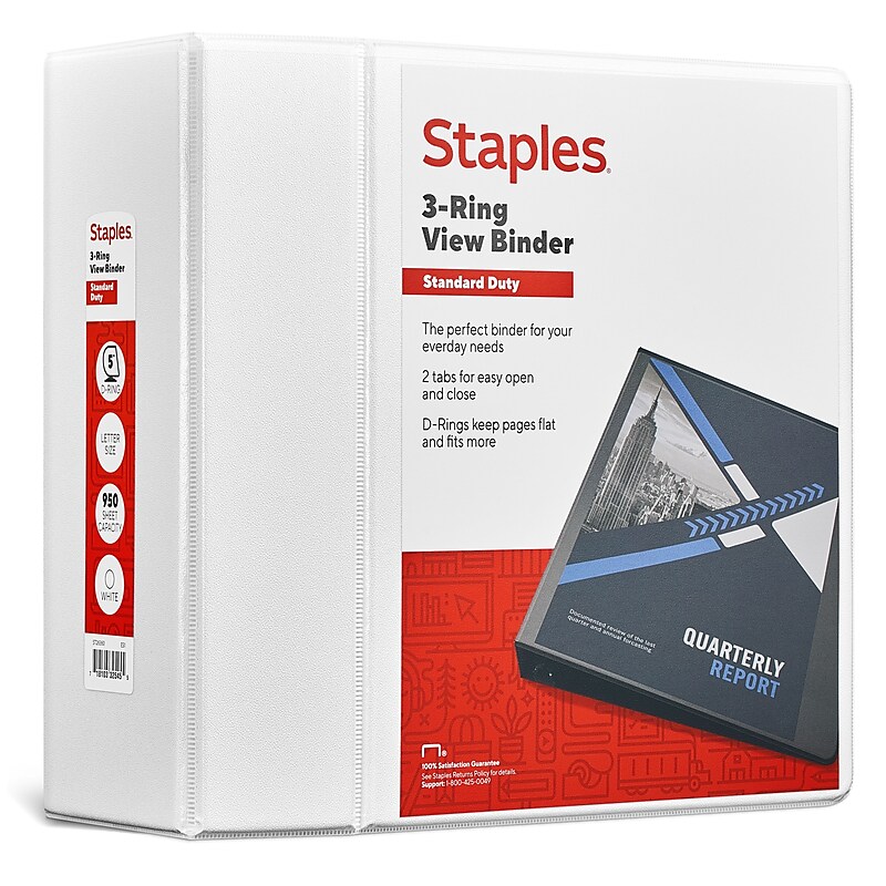 Staples 5" 3-Ring View Binder, D-Ring, White (55416/26360) image 1