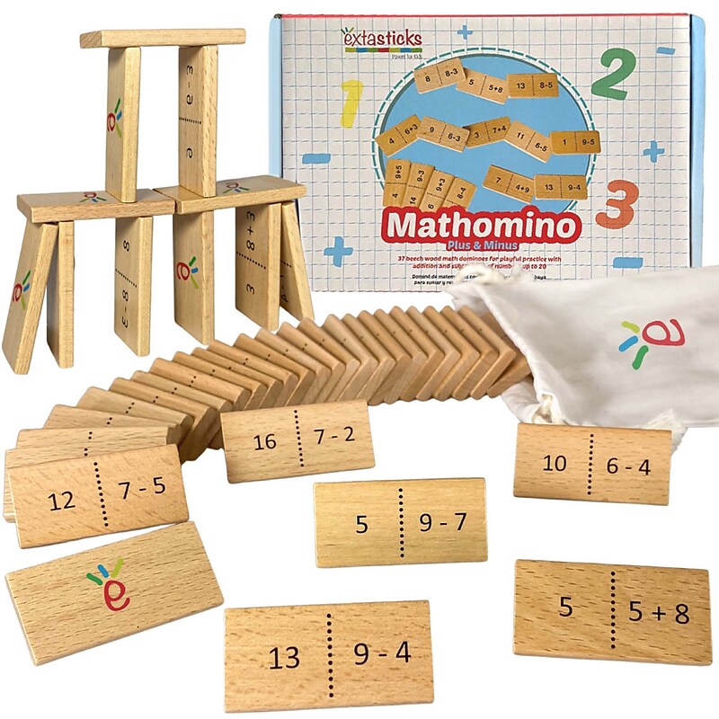 Extasticks Mathomino Plus & Minus up to 20 Addition & Subtraction Wooden Math Domino Game (EXAE3308) image 1