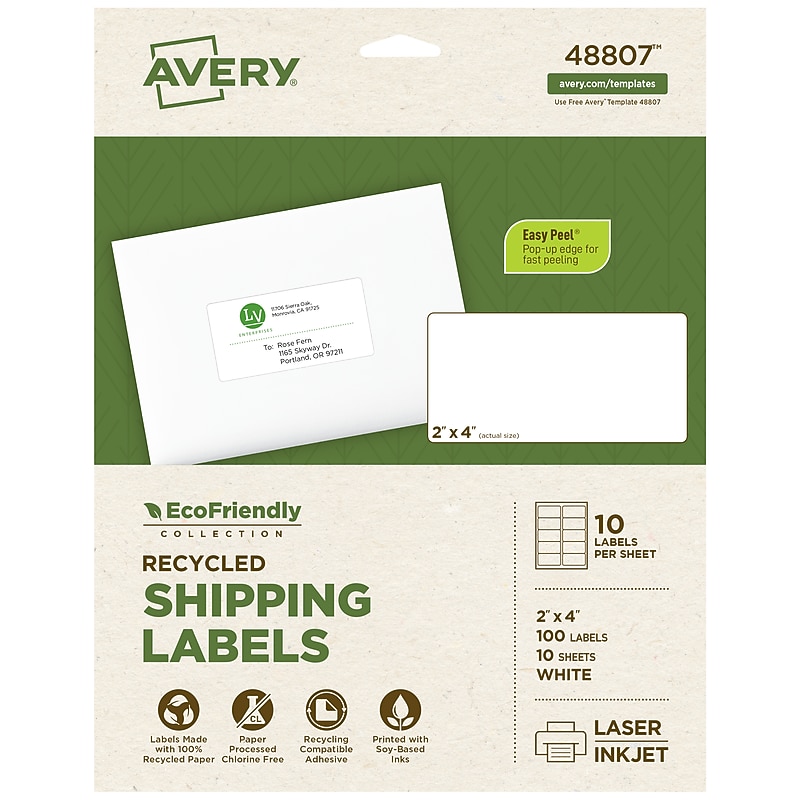 Avery EcoFriendly Laser/Inkjet Shipping Labels, 2" x 4", White, 100 Labels/Pack (48807) image 1