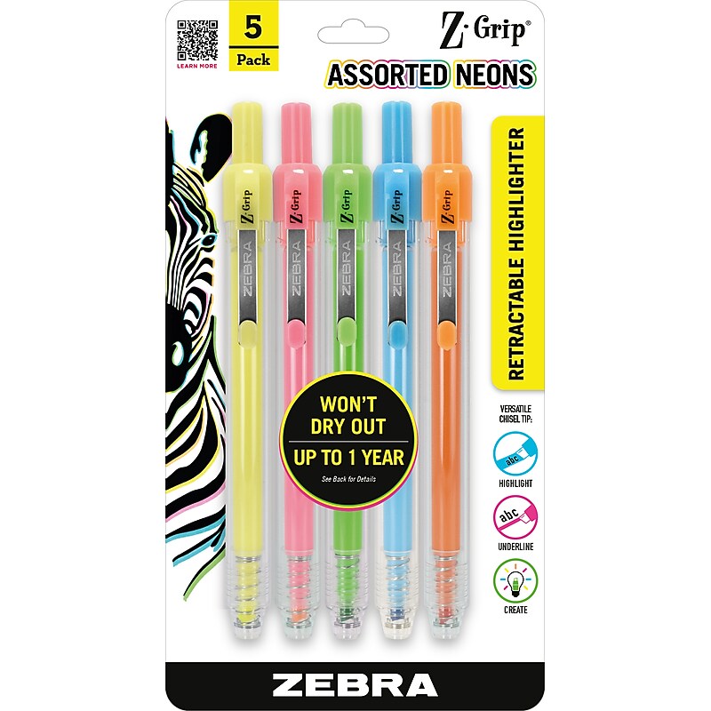 Zebra Z-Grip Retractable Highlighter with Grip, Chisel Tip, Assorted, 5/Pack (71205) image 1