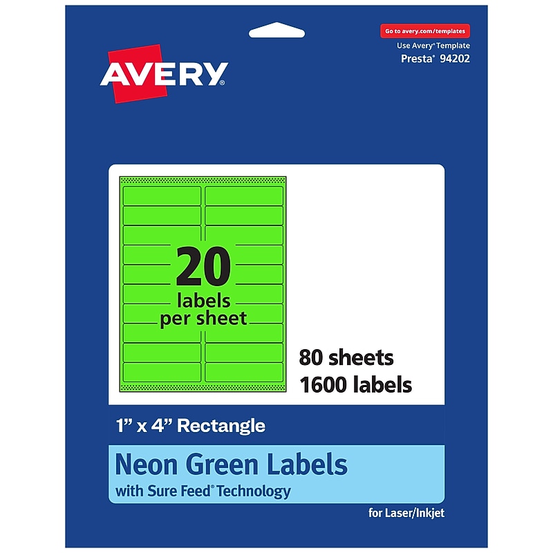 Avery Rectangle Multipurpose Labels, 1" x 4", Neon Green, 1600/Box (94202) image 1