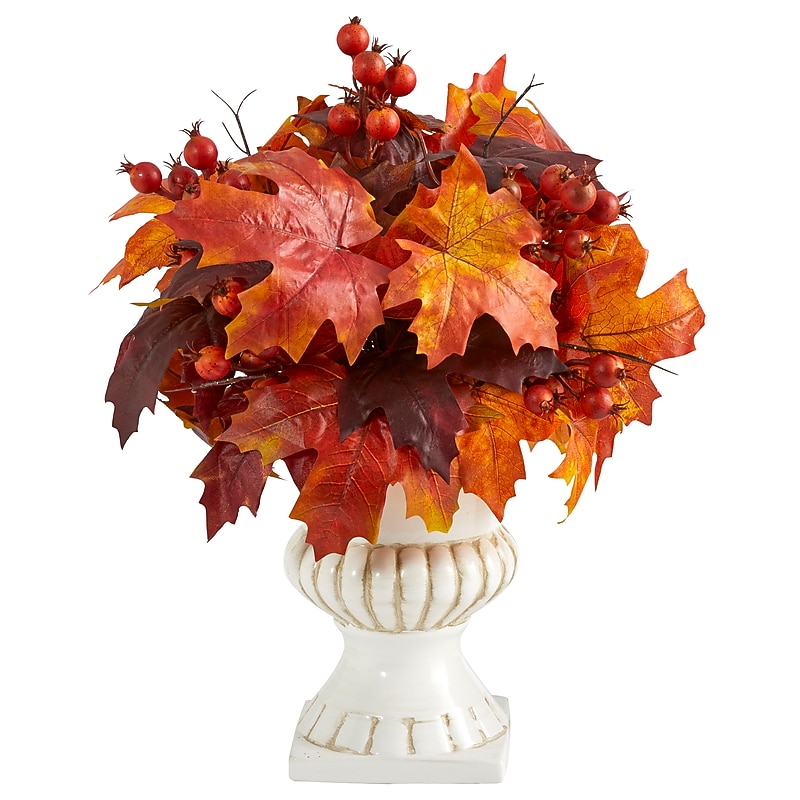 Nearly Natural 20" Autumn Maple Leaf and Berries Artificial Plant in White Urn (P1543) image 1