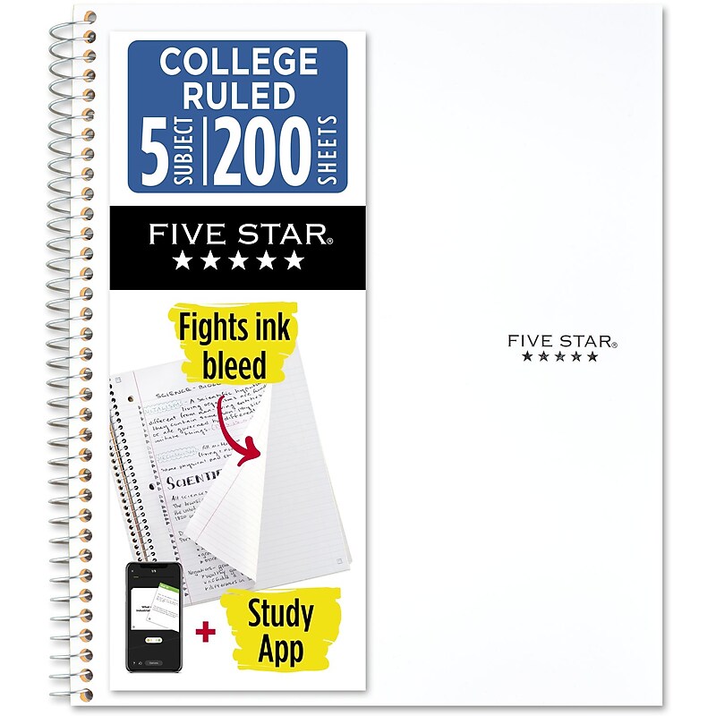 Five Star Five Star with Study App 5-Subject Subject Notebooks, College Ruled, 200 Sheets, White (820004B-ECM24) image 1