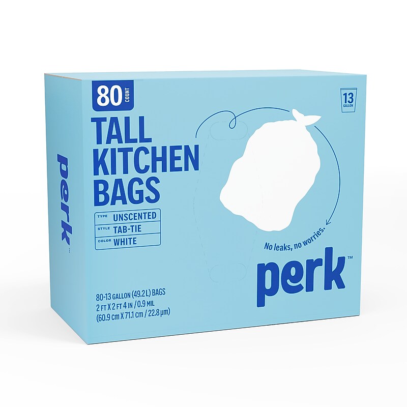 Perk™ 13 Gallon Kitchen Trash Bag, 28" x 24", Low Density, 0.9 mil, White, 80 Bags/Box (PK56749) image 1