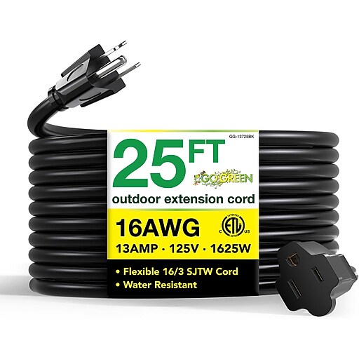 GoGreen Power 25' Indoor/Outdoor Extension Cord, 16 AWG, Black (GG