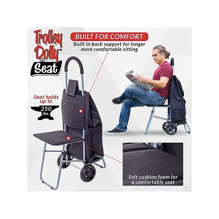 Shopping Basket Cart The Fellie Walk And Rest Shopping Trolley With Seat For Elderly, 27L Sit & Go Shopping Trolley On Wheels With Backrest, Foldable Seated Shopping Lightweight Cart For Elderly