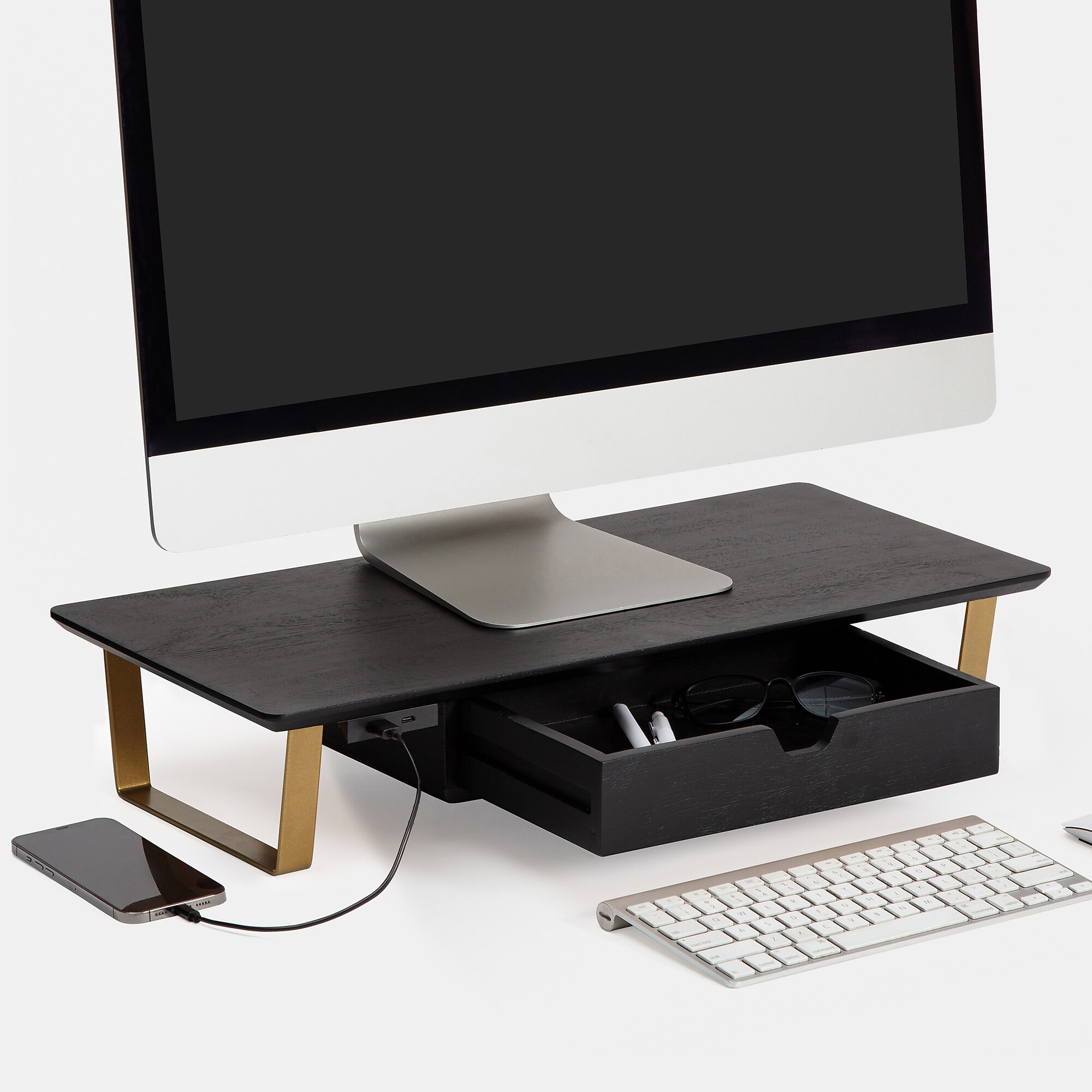 Anji Mountain Mango Wood & Metal Monitor Stand with Two USB Ports and Drawer, Black and Gold (MS-BLK-06GLD-PD) Sansujyuku sansujyuku.com