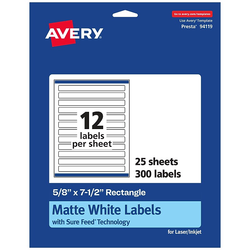 Avery Laser/Inkjet Multipurpose Labels, White, 12 Labels/Sheet, 25 Sheets/Pack (94119) image 1