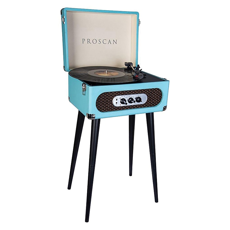 Proscan Bluetooth Belt-Drive Suitcase-Style Retro Turntable with FM Radio & Stand, Blue (PRC894BLU) image 1