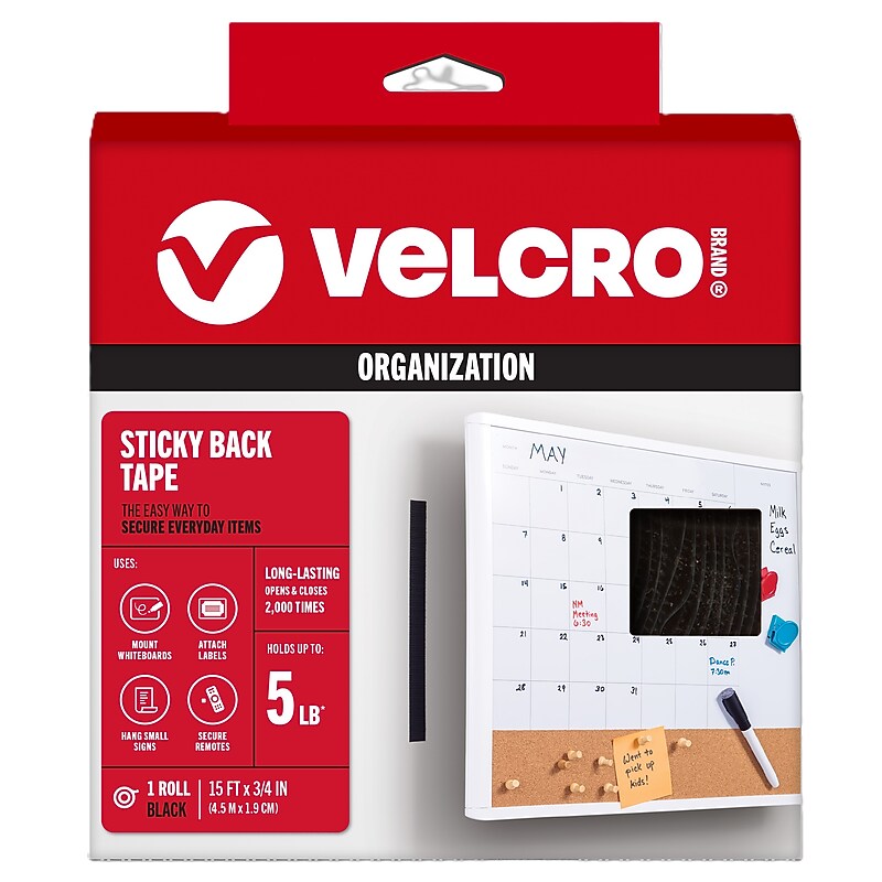Velcro Brand 3/4" x 15' Sticky Back Hook & Loop Fastener Roll, Black (90081) image 1