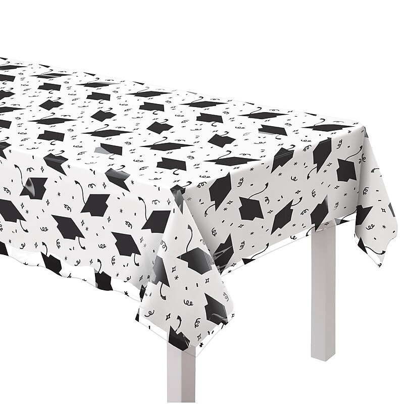 Party City Classic Graduation 102" x 54" Plastic Table Cover, Black/White  (AM57010020-PC) image 1