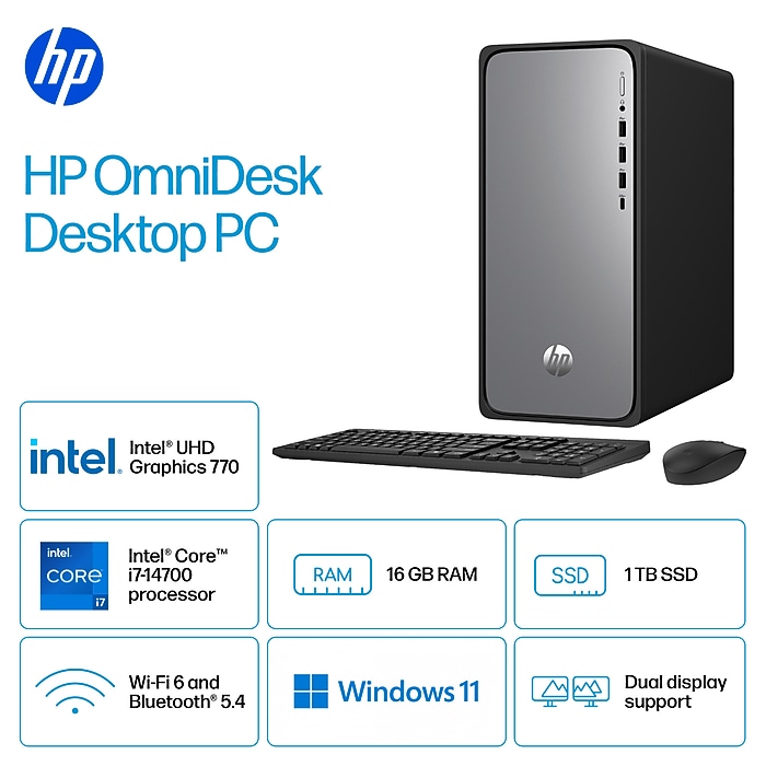 HP OmniDesk Desktop Computer, Intel Core i7-14700, 16GB RAM, 1TB