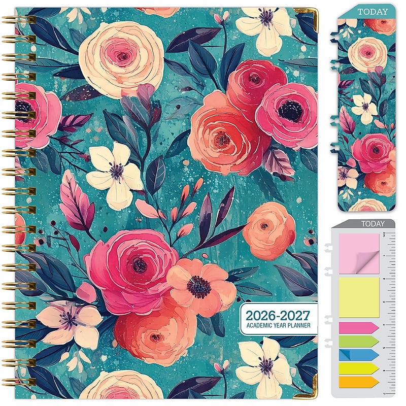 2026-2027 Excello Brands 8.5" x 11" Academic Weekly & Monthly Planner, Paperboard Cover, Teal Floral (FSHN-AY26-8511-17) image 1