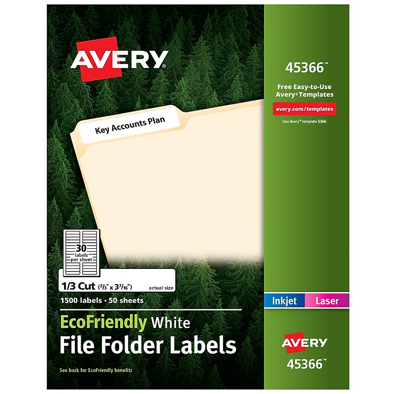 Avery EcoFriendly Laser/Inkjet File Folder Labels, 2/3" x 3-7/16", White, 1,500 Labels/Box (45366) image 1
