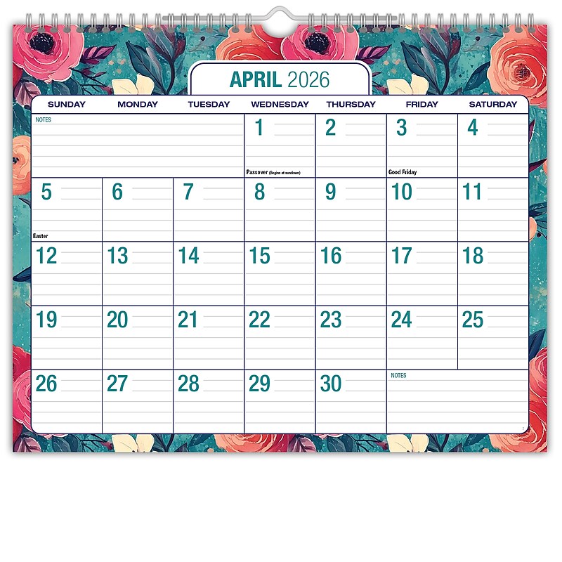 2026-2027 Excello Brands 12" x 15" Academic Monthly Wall Calendar, Teal Floral (NAY27-1512WC-17) image 1
