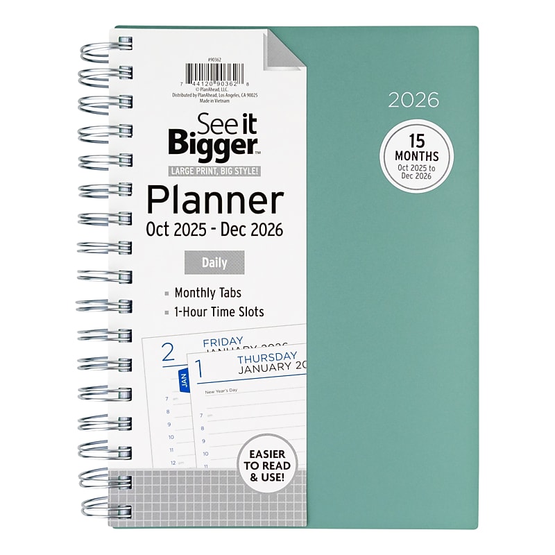 2025-2026 See It Bigger 1.25" x 7" Calendar Year Daily Planner, Paperboard Cover, Sage Green (90362) image 1