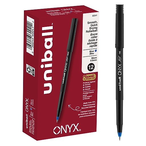 uni-ball Onyx Rollerball Pens, Micro Point, Blue Ink, Dozen