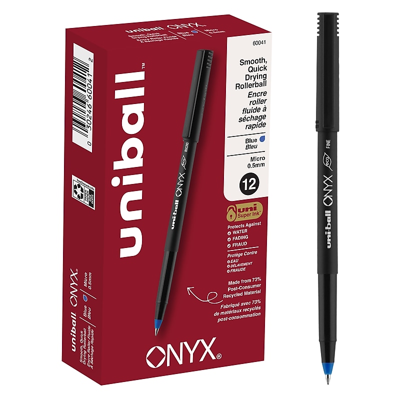 uni-ball Onyx Rollerball Pens, Micro Point, 0.5mm, Blue Ink, Dozen (60041) image 1