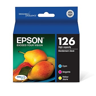 Epson T126 Cyan/Magenta/Yellow High Yield Ink Cartridge, 3/Pack (T126520-S)