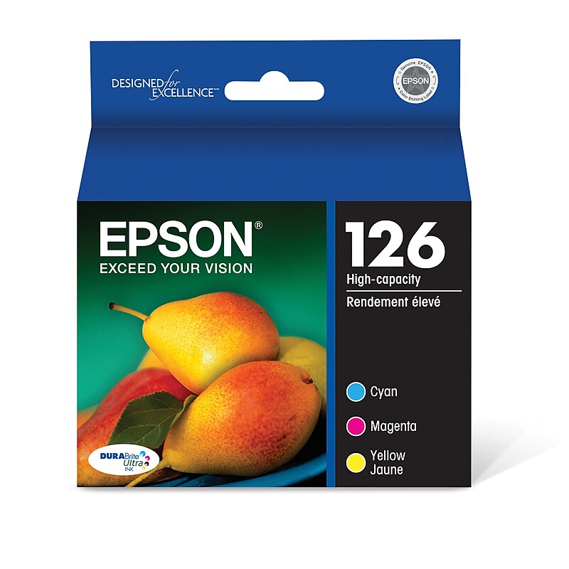 Epson T126 Cyan/Magenta/Yellow High Yield Ink Cartridge, 3/Pack  (T126520-S) image 1