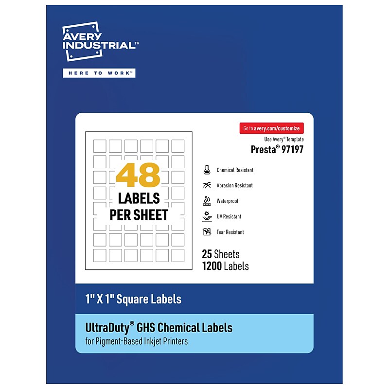 Avery Inkjet UltraDuty GHS Labels, 1" x 1", White, 1200 Labels/Pack (97197) image 1