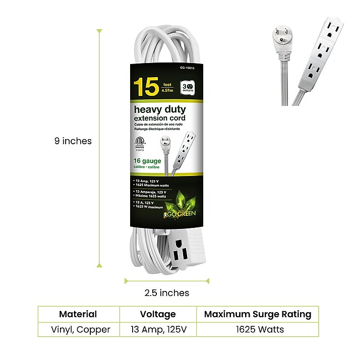 GoGreen Power 15' Extension Cord, 3-Outlet, 16 AWG, White (GG