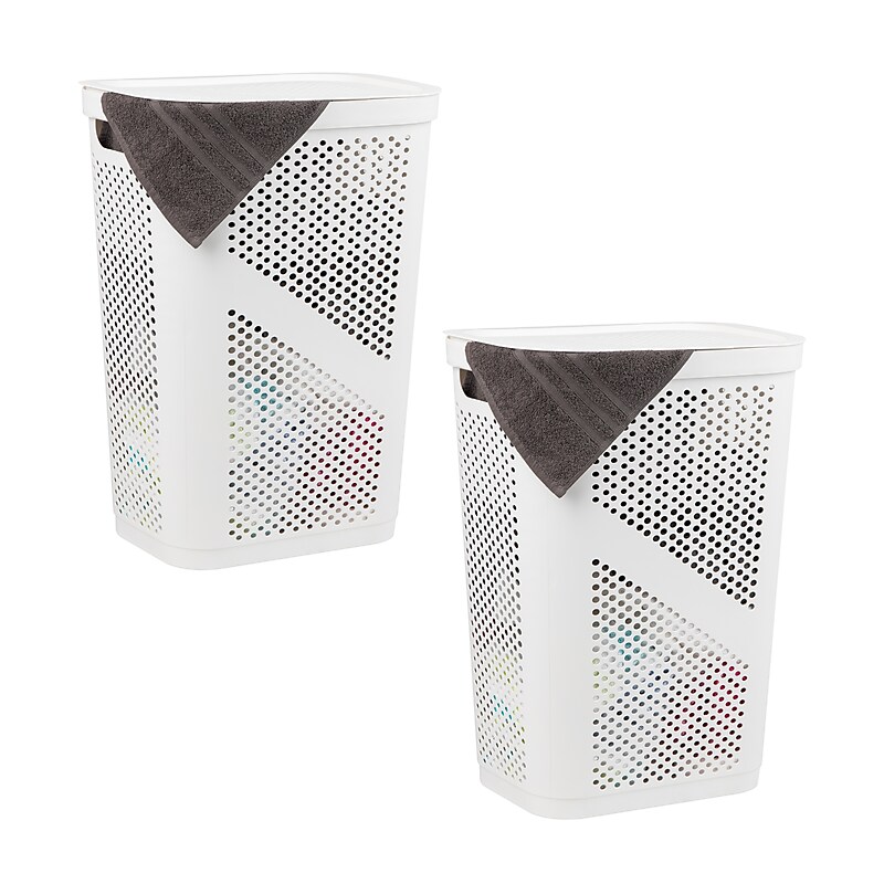 Mind Reader 15.85-Gallon Slim Laundry Hamper with Lid, Plastic, White, 2/Set (2HBIN60-WHT) image 1
