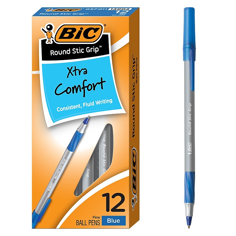 BIC Round Stic Grip Xtra Comfort Ballpoint Pens, Fine Point, Blue Ink, Dozen (13903) image 1