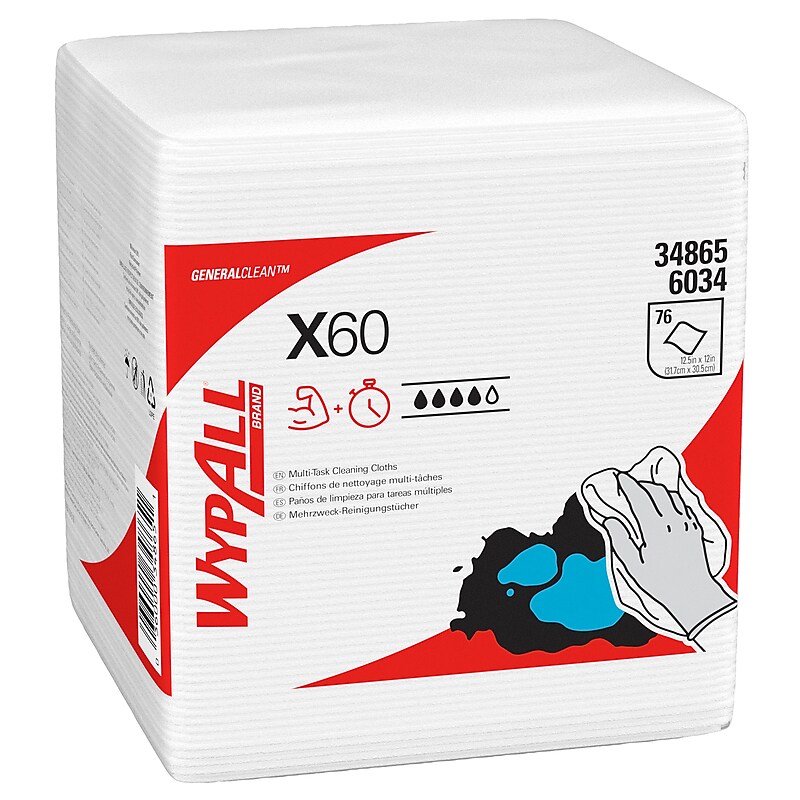 WypAll GeneralClean X60 Nylon Cleaning Wipers, 12" x 12.5", White, 76 Wipers/Box, 12/Carton (34865) image 1