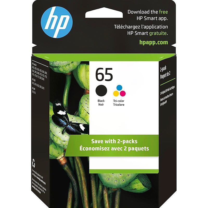 HP 65 Black/Tri-Color Standard Yield Ink Cartridge, 2/Pack (T0A36AN#140) image 1
