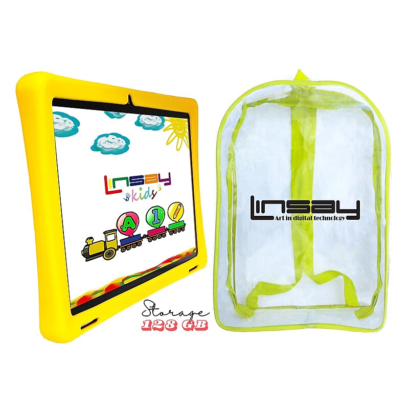 Linsay Octa Core 10.1" Tablet, 4GB RAM, 128GB Storage, Android 13, Bundled with Yellow Kids Defender Case, Backpack, Stylus Pen image 1