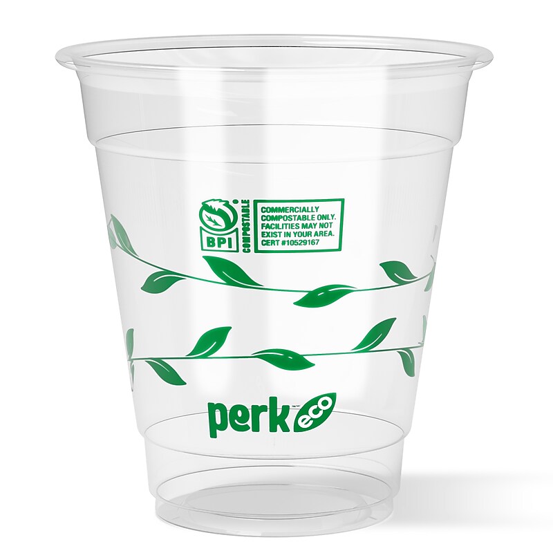 Perk™ Eco Compostable Plastic Cold Cup, 12 Oz., Clear/Green, 300/Carton (PK56195) image 1