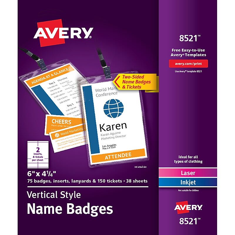 Avery Vertical Style Lanyard Laser/Inket Name Badge Kit, 6" x 4 1/4", Clear Holders with White Inserts. 75 Badges (8521) image 1
