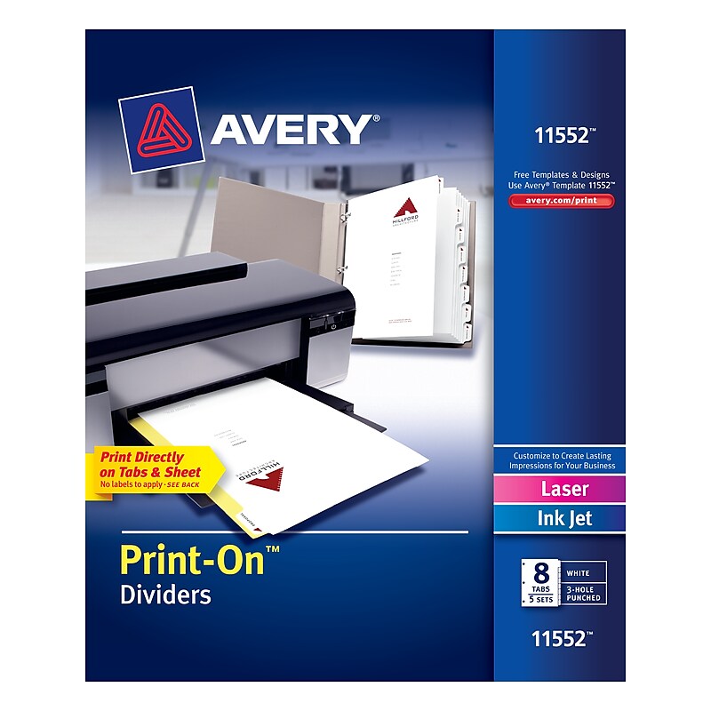 Avery Print-On Paper Dividers, 8 Tabs, White, 5 Sets/Pack (11552) image 1