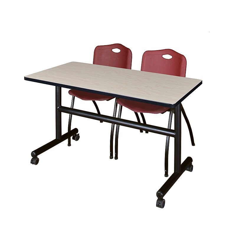 Regency Kobe 48" Flip Top Mobile Training Table- Maple & 2 'M' Stack Chairs- Burgundy image 1