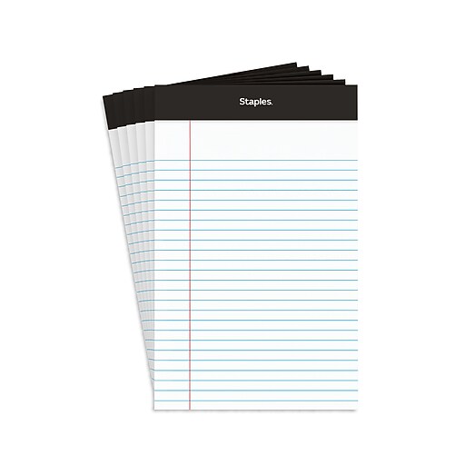 Staples Notepads, 5" x 8", Narrow Ruled, White, 100 Sheets/Pad, 6 Pads