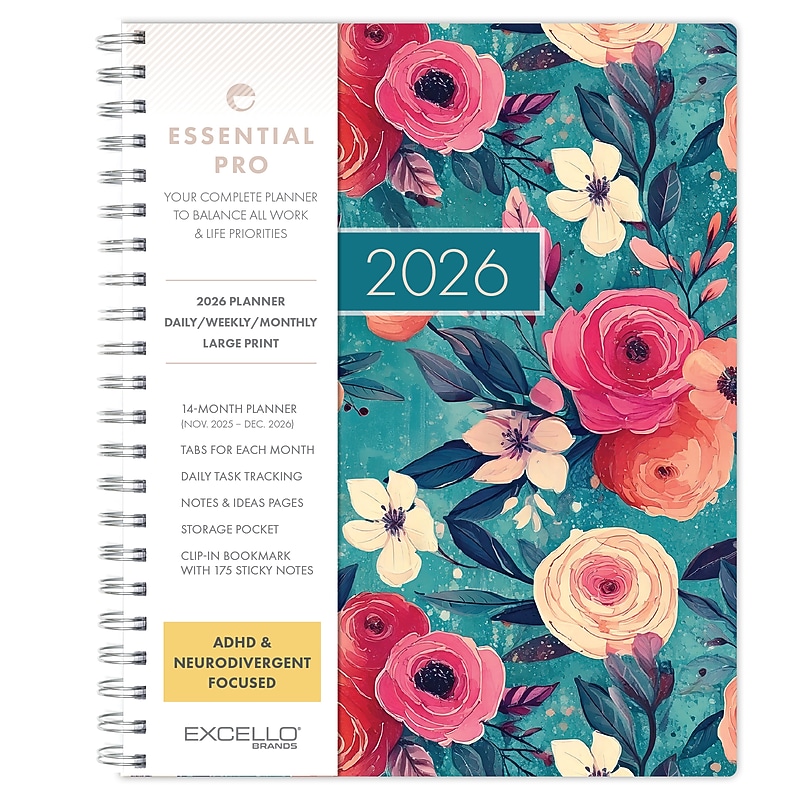 2026 Global Printed Products Essential Pro 8.5" x 11" Weekly & Monthly Planner, Paperboard Cover, Teal Floral (ESPROCY26851117) image 1