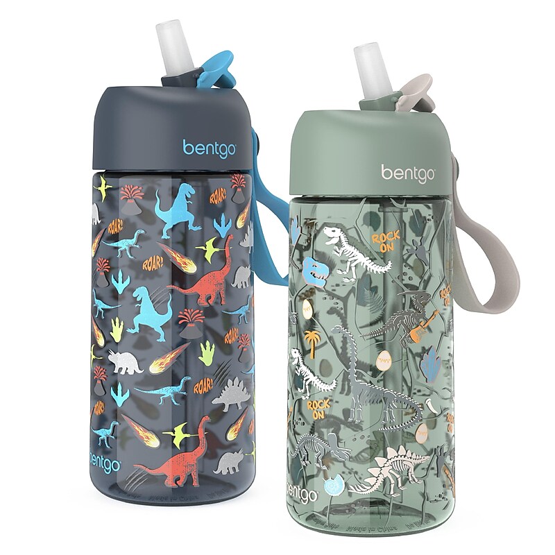 bentgo Plastic Water Bottle, 15 oz., Dinosaur/Dino Fossils, 2/Pack (BGKDWB2-4) image 1