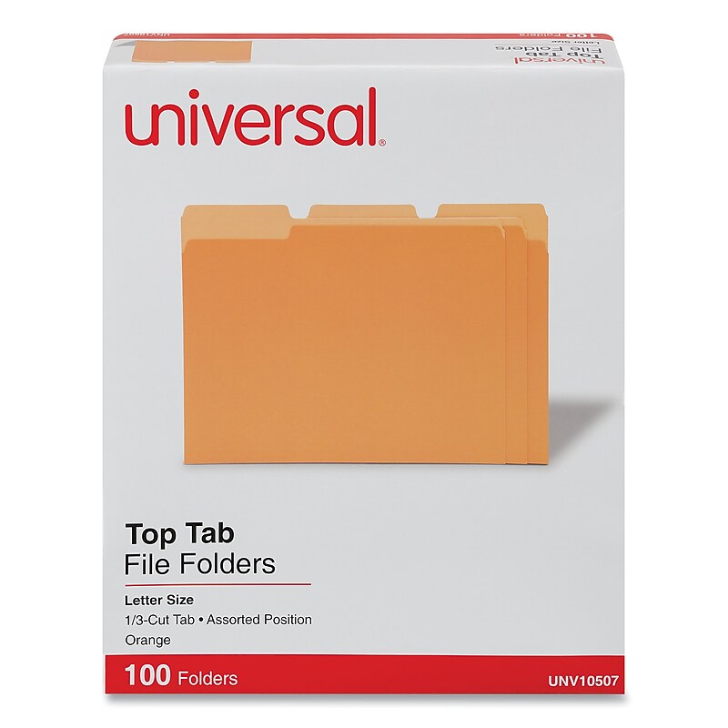 Universal Colored File Folders, 1/3 Cut One-Ply Tab, Letter, Orange, 100/Box image 1